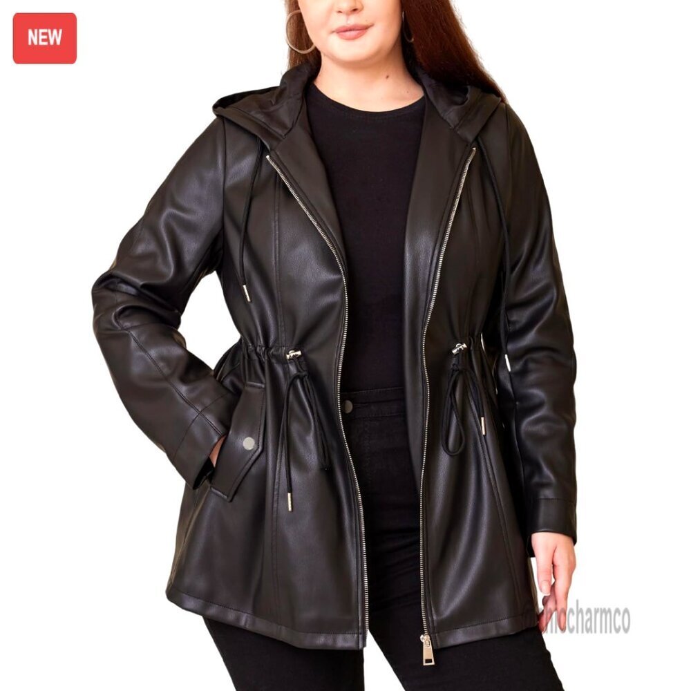 Plus Size Faux Leather Hooded Moto Jacket with Drawstring Waist